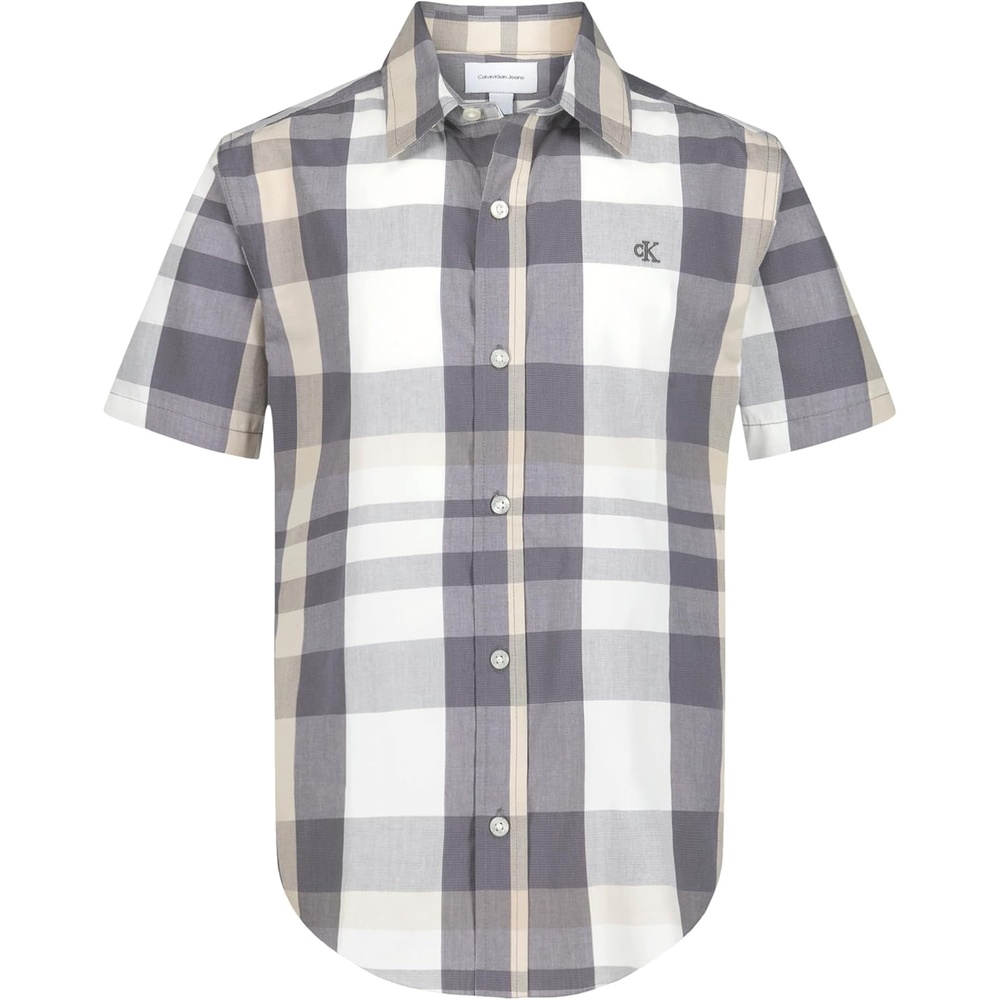 image:imageCalvin Klein Boys Short Sleeve Woven ButtonDown ShirtBlackened Pearl Large Plaid