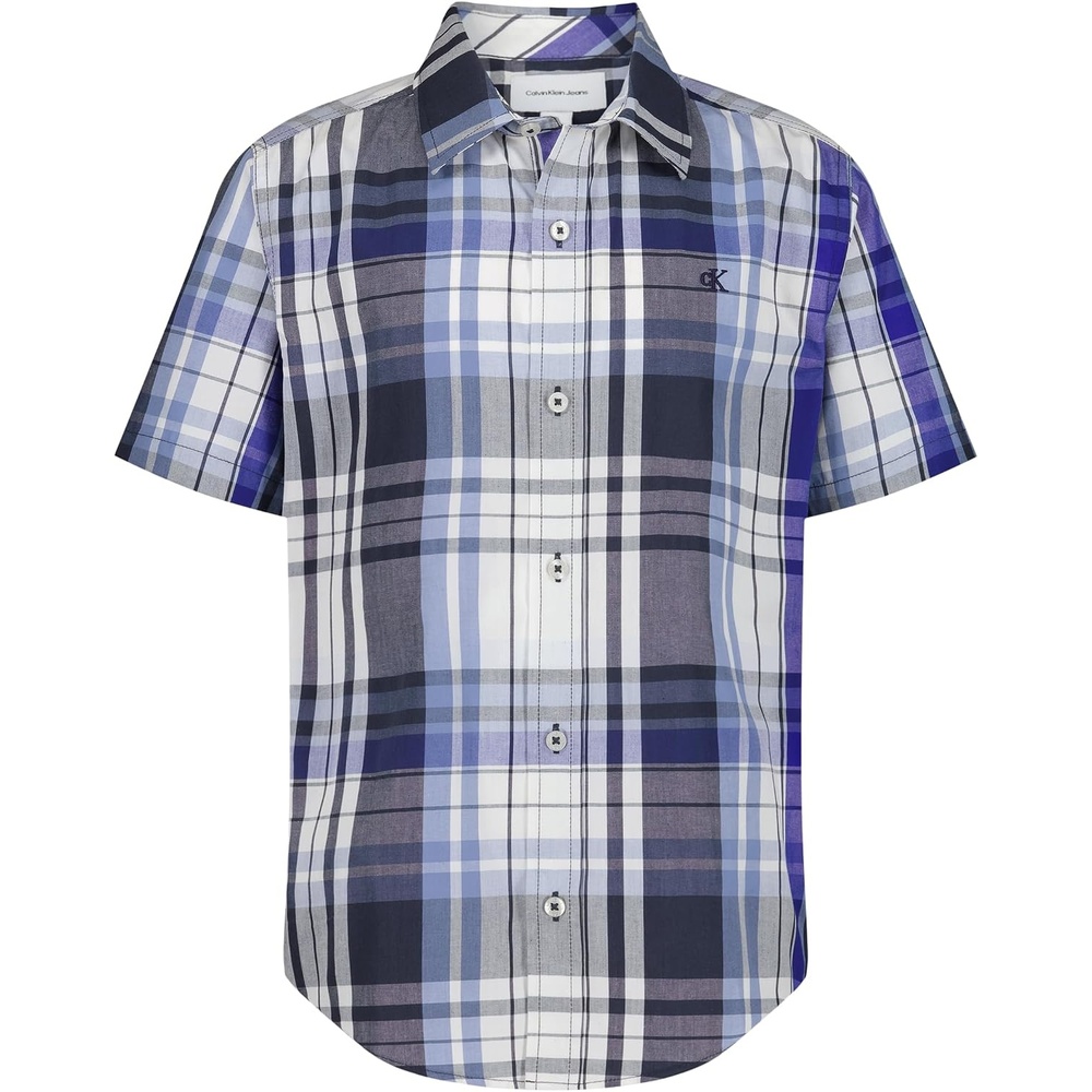 image:imageCalvin Klein Boys Short Sleeve Woven ButtonDown ShirtClematis Blue Plaid