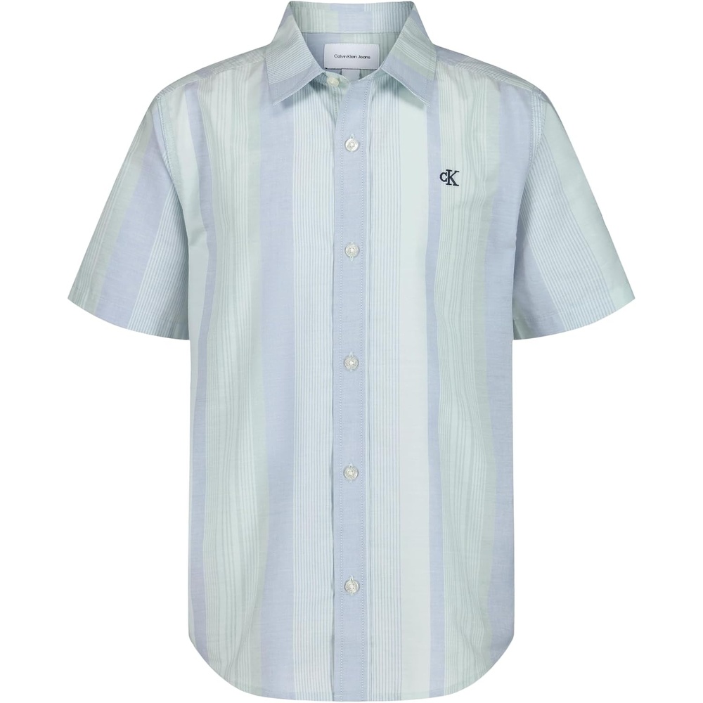image:imageCalvin Klein Boys Short Sleeve Woven ButtonDown ShirtLight Sage Vertical Stripe