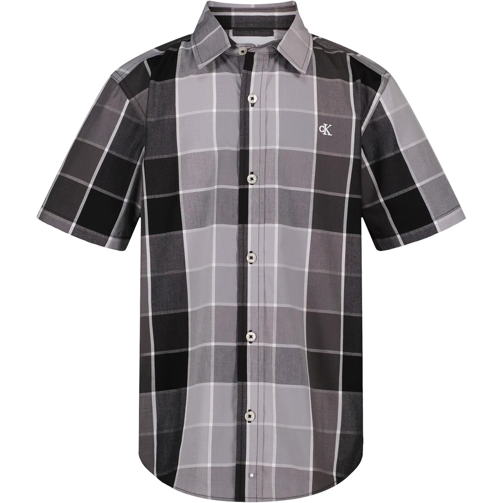 image:imageCalvin Klein Boys Short Sleeve Woven ButtonDown ShirtTonal Plaid Black