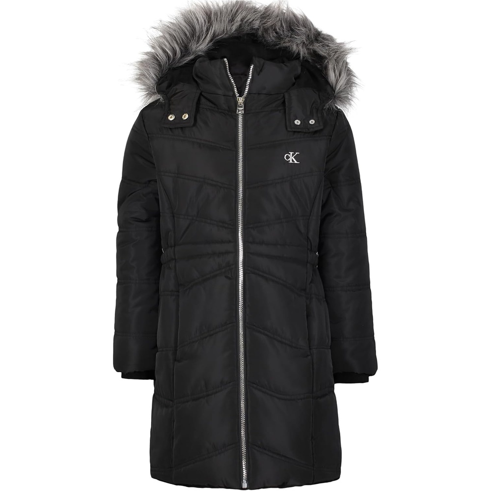 image:imageCalvin Klein Girls Hooded Winter Puffer Jacket Fulllength Heavyweight Coat With Fleece LiningAerial Black