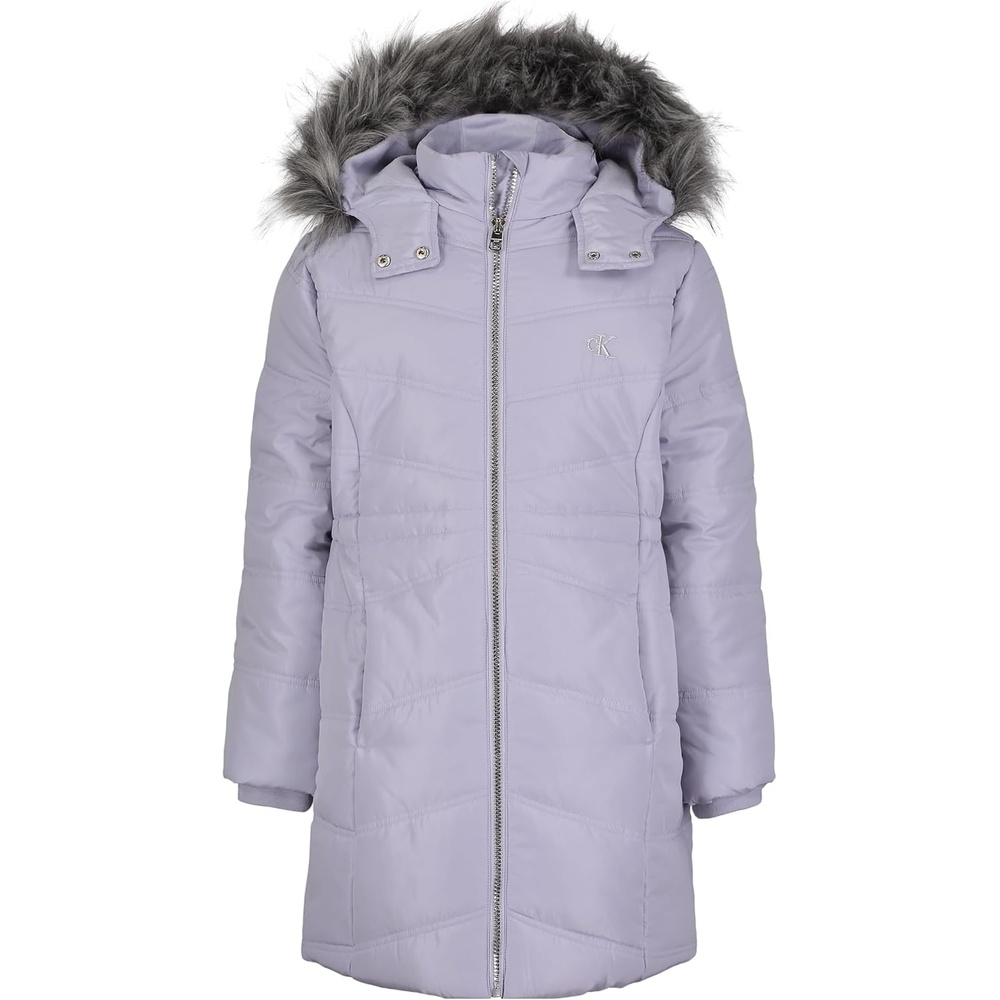 image:imageCalvin Klein Girls Hooded Winter Puffer Jacket Fulllength Heavyweight Coat With Fleece LiningAerial Cosmic Sky