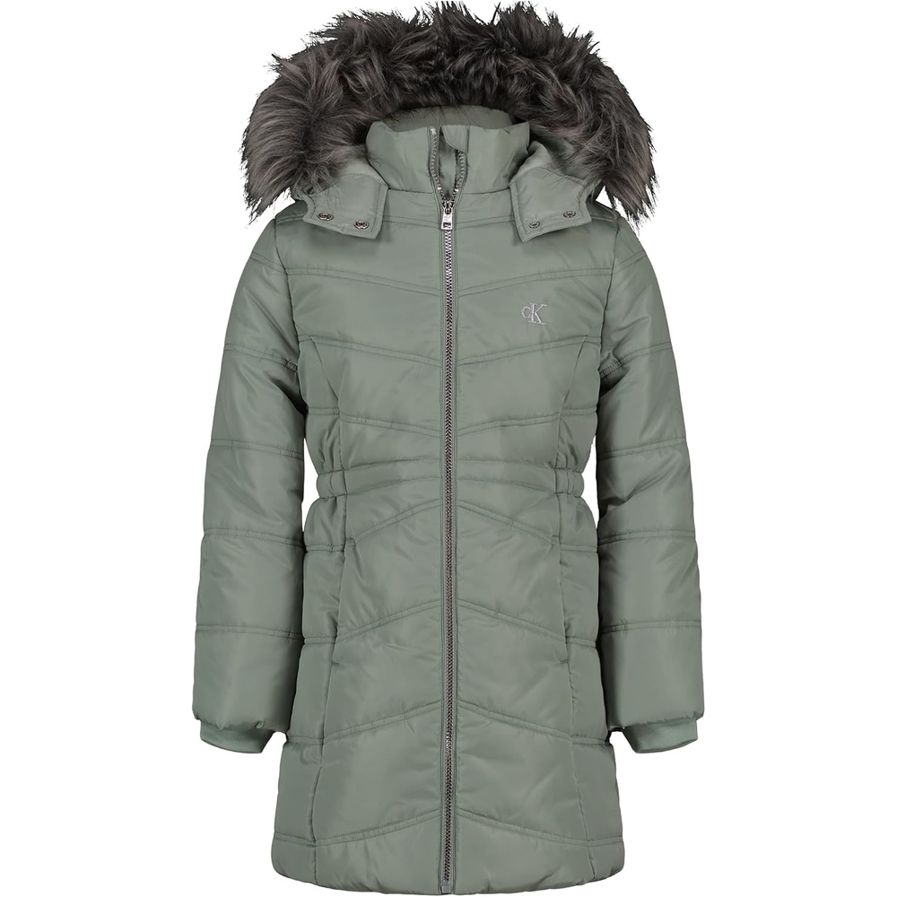 image:imageCalvin Klein Girls Hooded Winter Puffer Jacket Fulllength Heavyweight Coat With Fleece LiningAerial Iceberg Green