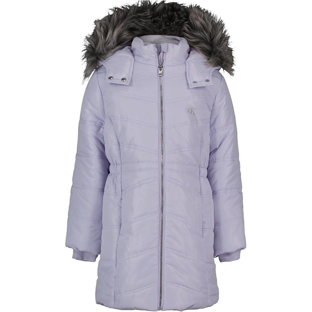 image:imageCalvin Klein Girls Hooded Winter Puffer Jacket Fulllength Heavyweight Coat With Fleece LiningAerial Pale Lavender