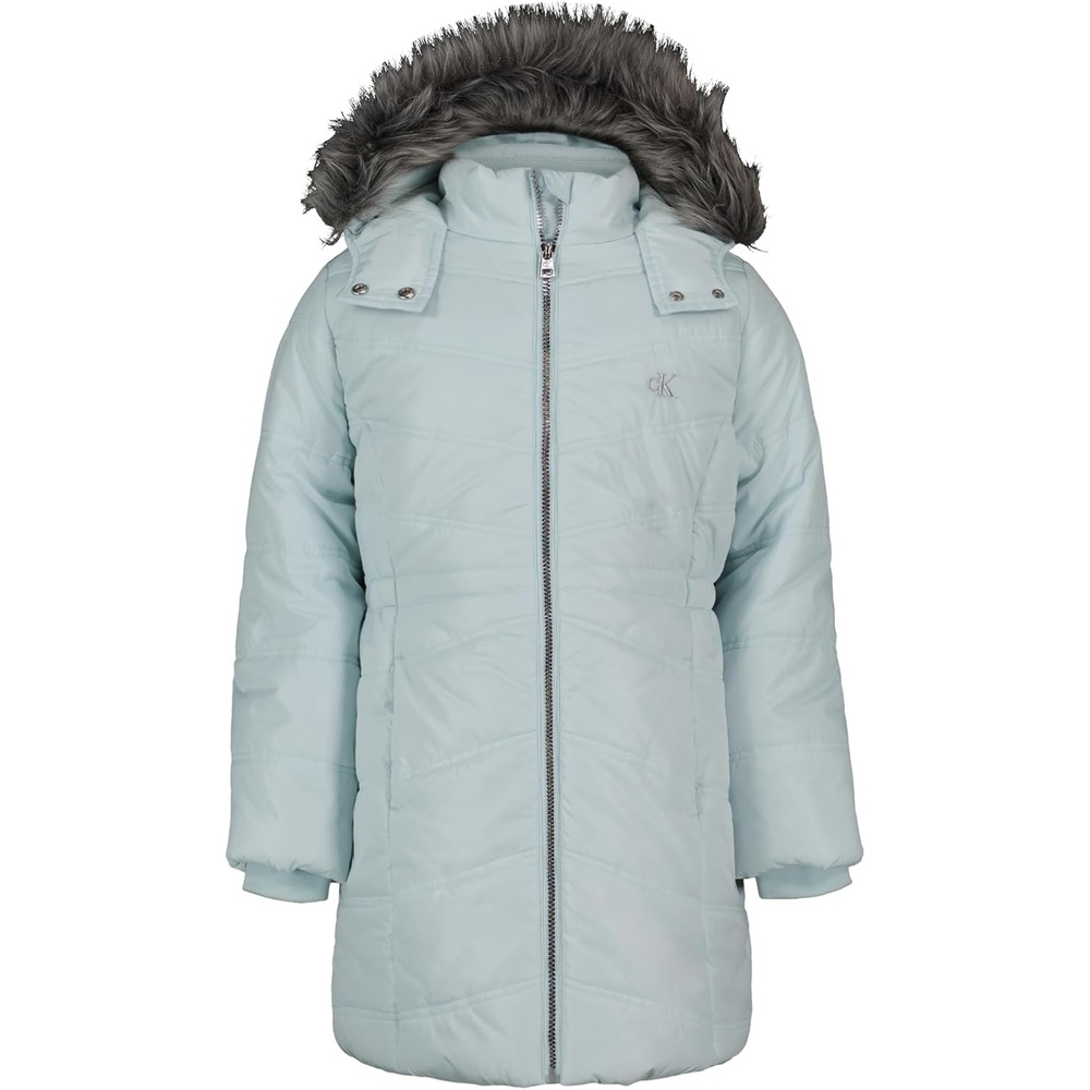 image:imageCalvin Klein Girls Hooded Winter Puffer Jacket Fulllength Heavyweight Coat With Fleece LiningAerial Pastel Blue