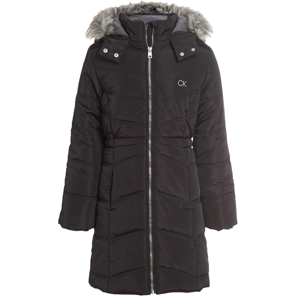image:imageCalvin Klein Girls Hooded Winter Puffer Jacket Fulllength Heavyweight Coat With Fleece LiningBlack Aerial