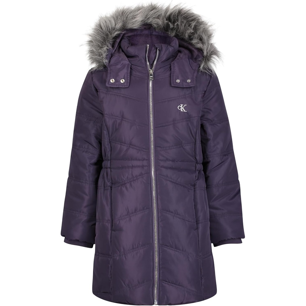 image:imageCalvin Klein Girls Hooded Winter Puffer Jacket Fulllength Heavyweight Coat With Fleece LiningPurple Aerial