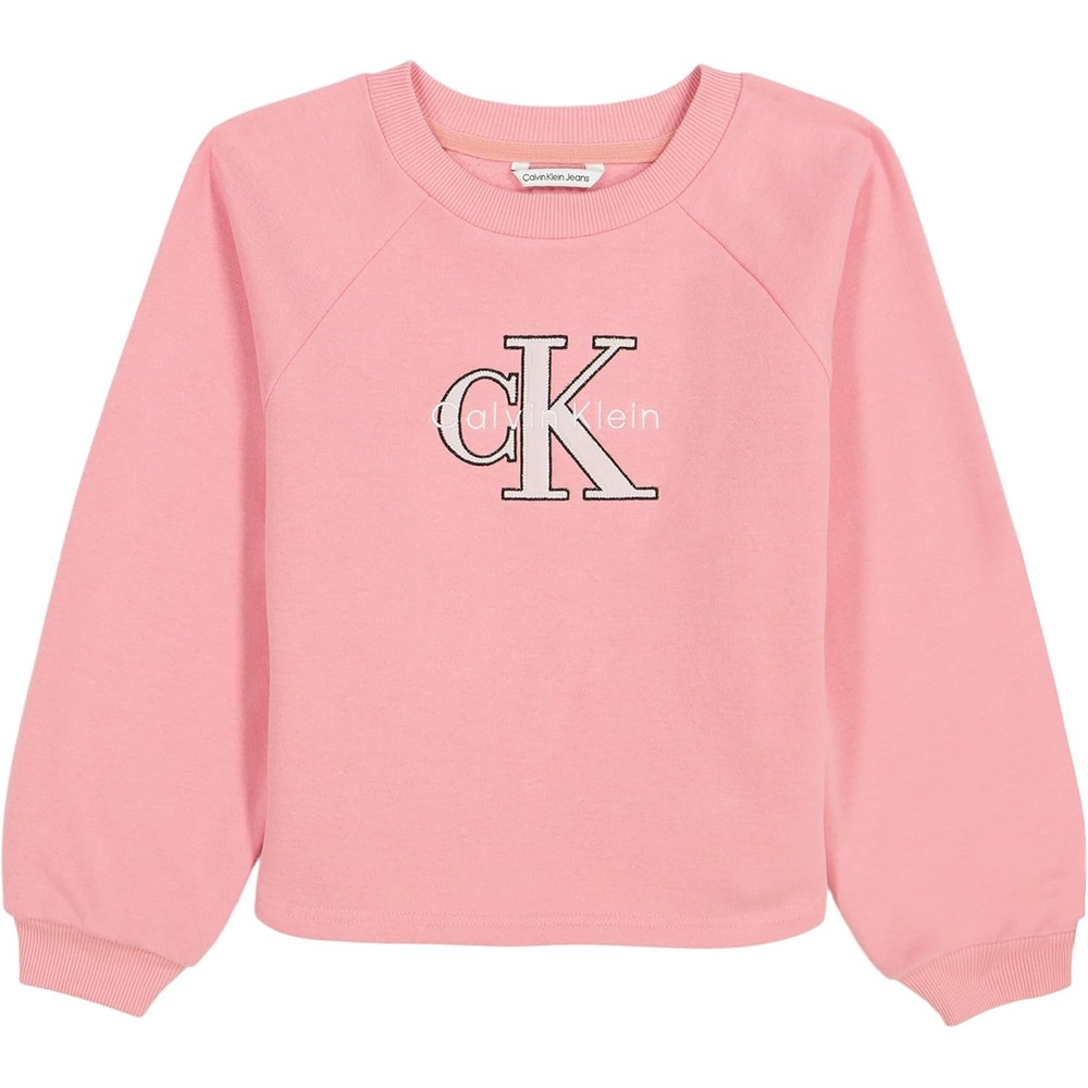 image:imageCalvin Klein Girls Long Sleeve Popover Cozy Crew Neck SweatshirtMonogram Pink Icing