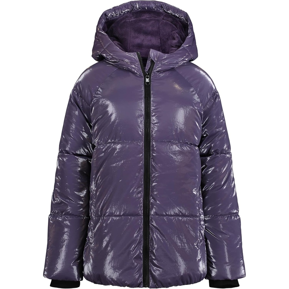 image:imageCalvin Klein Girls Short Length Hooded Winter Puffer Jacket With Fleece LiningLegacy Purple Plumeria Shine