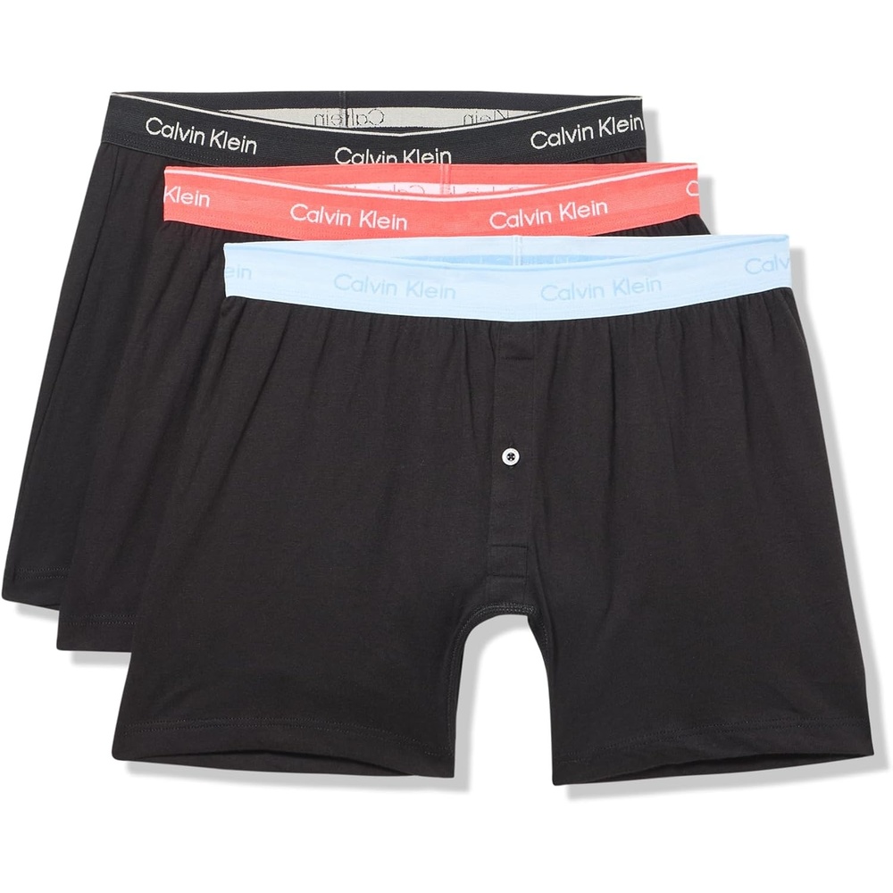 image:imageCalvin Klein Mens Cotton Classics 3Pack Knit BoxerBlack Bodies W Black  Punch Pink  Breezy Blue Wbs