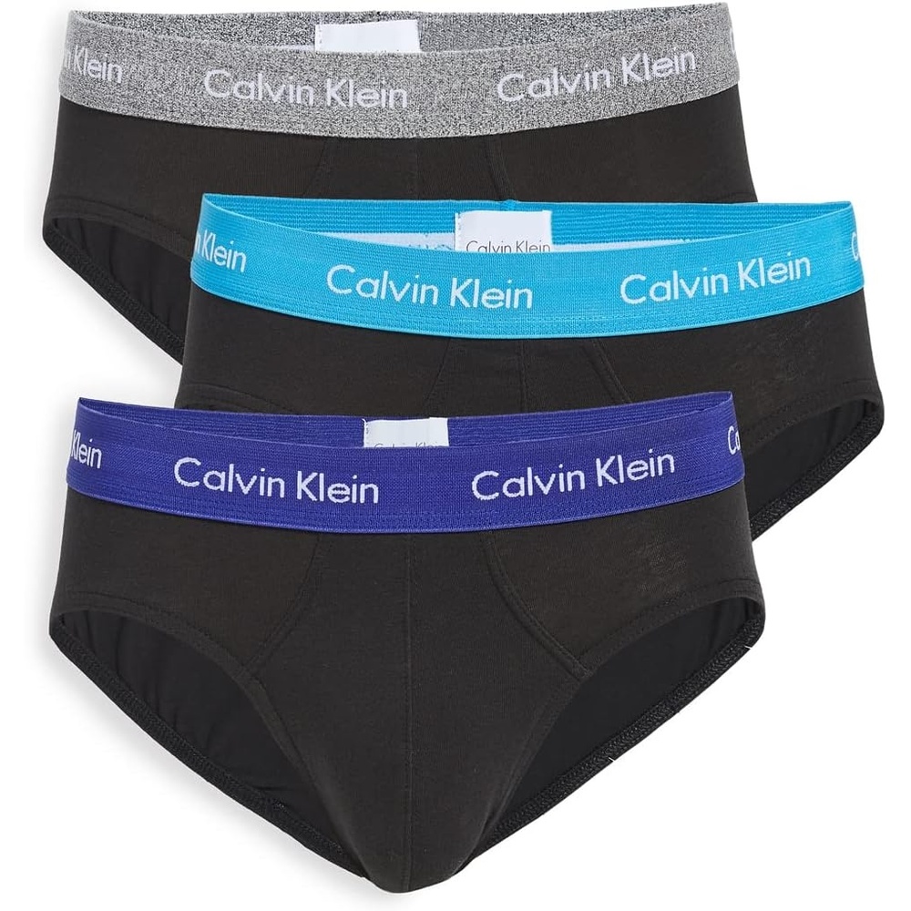 image:imageCalvin Klein Mens Cotton Stretch 3Pack BriefBlack BodyOpen OceanMiddle Ground HeatherBlue Topaz