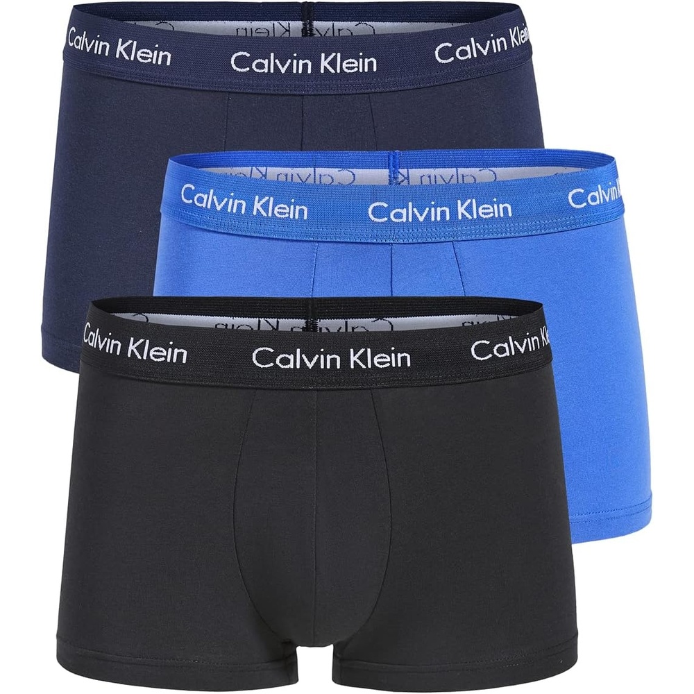 image:imageCalvin Klein Mens Cotton Stretch 3Pack Low Rise Trunks1 Black 1 Blue Shadow 1 Cobalt Water