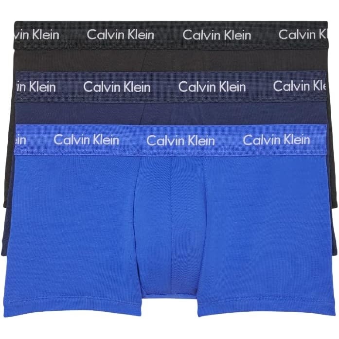 image:imageCalvin Klein Mens Cotton Stretch 3Pack Low Rise TrunksBlack Blue Shadow Cobalt Water