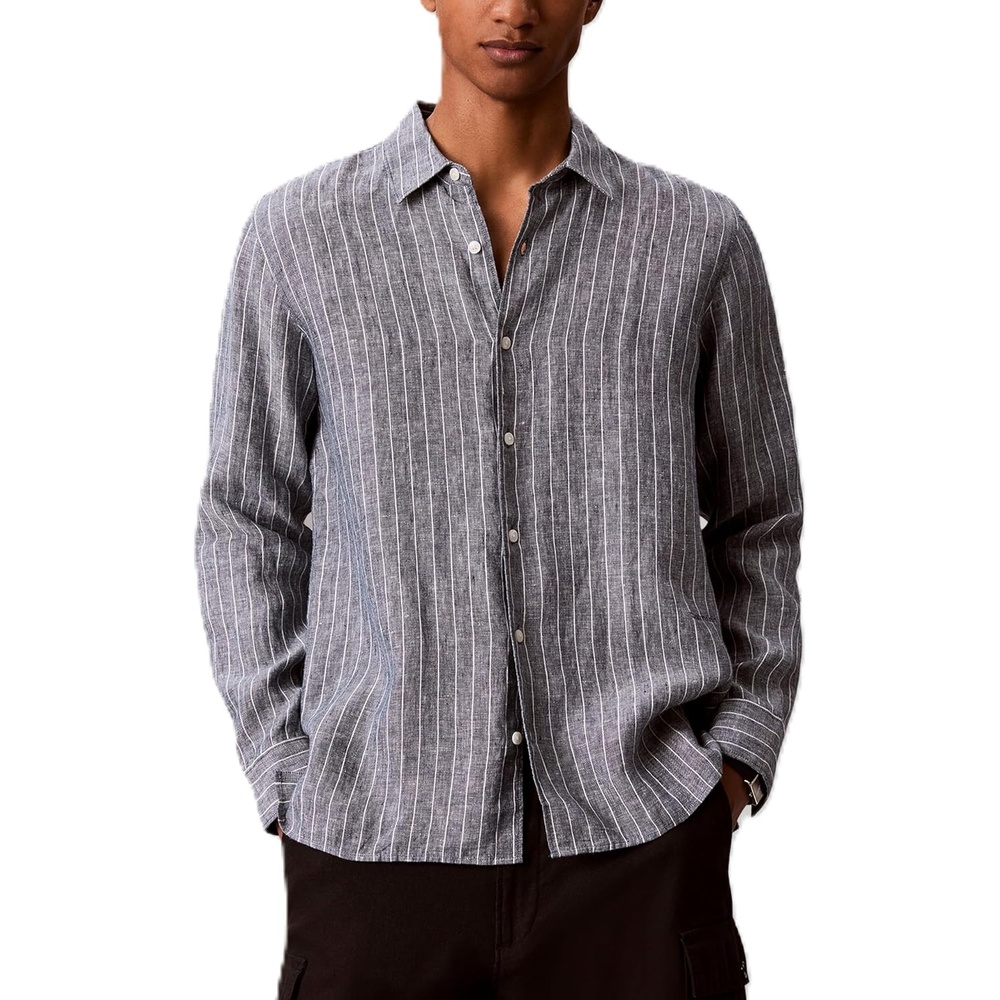 image:imageCalvin Klein Mens Long Sleeve Pinstripe Linen Classic ShirtNavy Stone