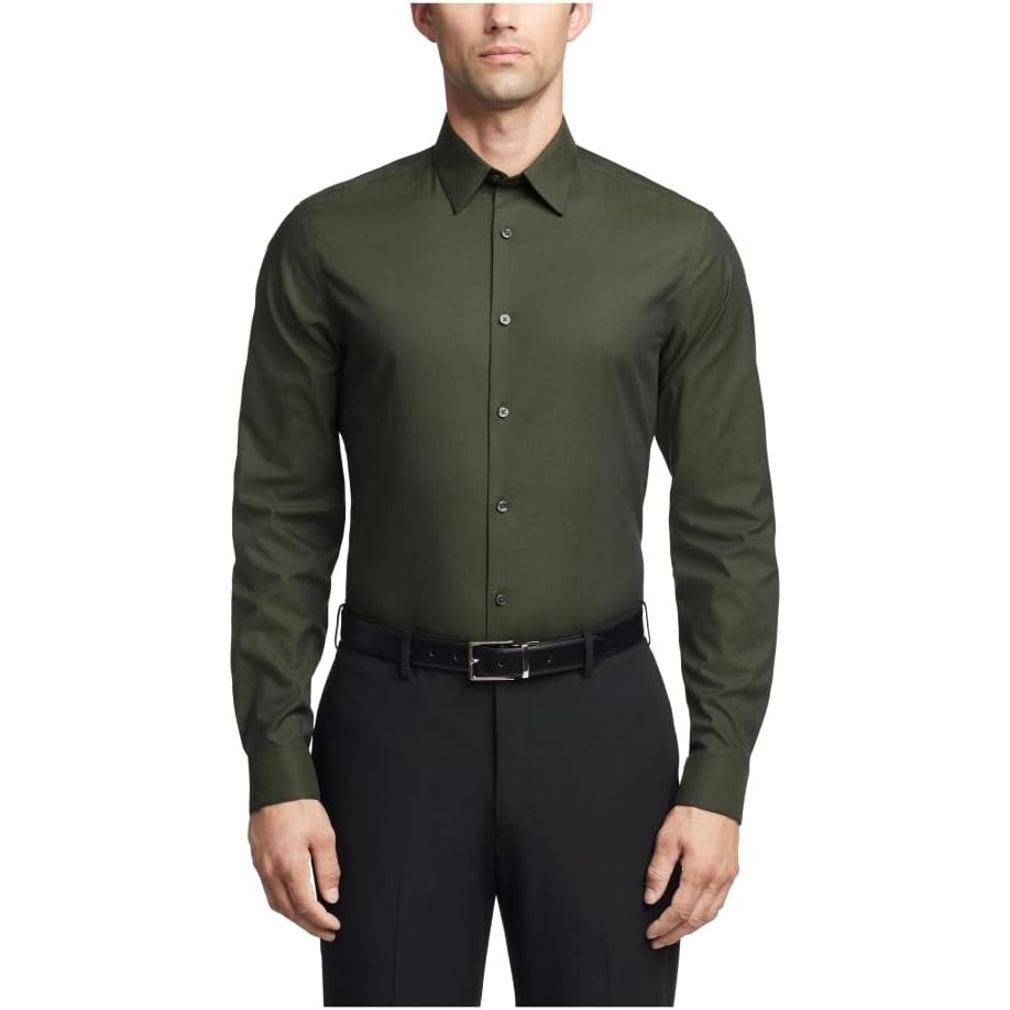 image:imageCalvin Klein Mens Regular Fit Herringbone French Cuff Non Iron Dress ShirtOlive