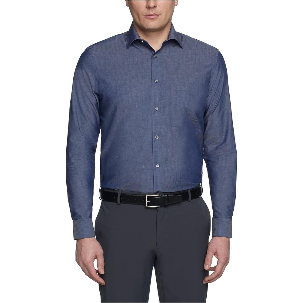 image:imageCalvin Klein Mens Regular Fit Non Iron Herringbone ButtonDown ShirtSmokey Blue