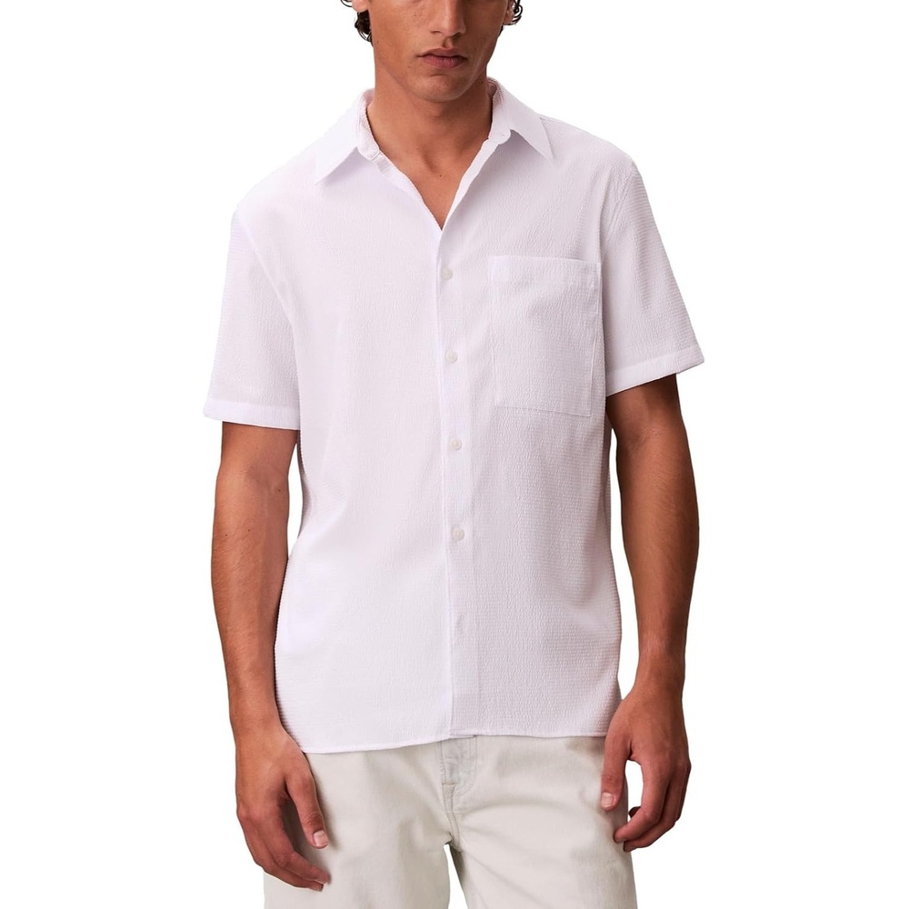 image:imageCalvin Klein Mens Short Sleeve Solid Seersucker Classic ShirtBrilliant White