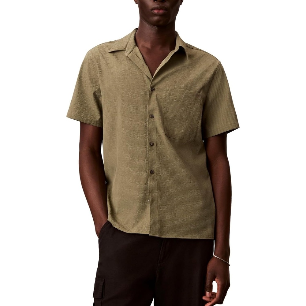 image:imageCalvin Klein Mens Short Sleeve Solid Seersucker Classic ShirtDeep Lichen Green