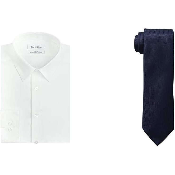 image:imageCalvin Klein Mens Slim Fit NonIron Herringbone Dress ShirtWhiteNavy Shirt Regular Tie Combo