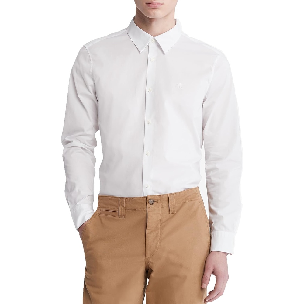 image:imageCalvin Klein Mens Stretch Cotton Monogram Logo Button Down ShirtBrilliant White