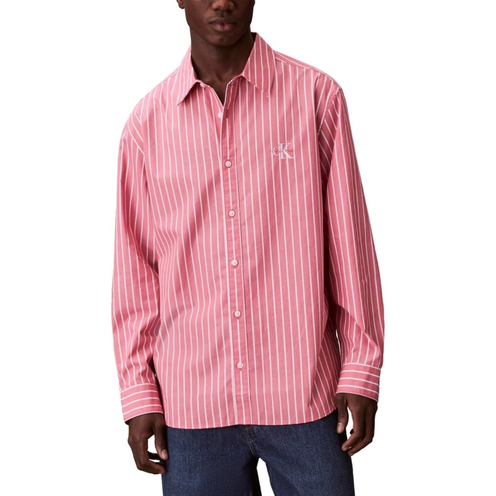 image:imageCalvin Klein Mens Stripe Poplin Relaxed ButtonDown ShirtBrilliant Pink