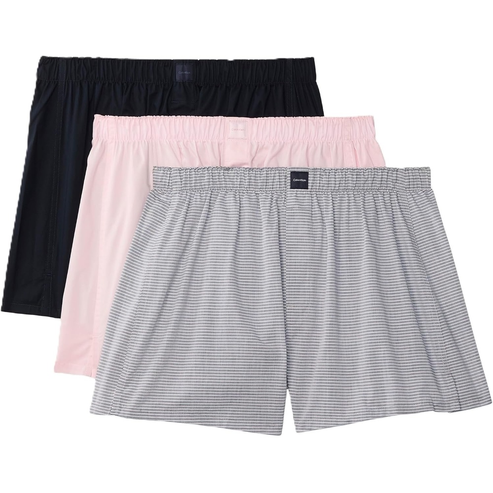 image:imageCalvin Klein Mens Underwear Cotton Classics 3pack Woven BoxerHorizon Pink  Hairline Stripe W Shoreline  Shoreline