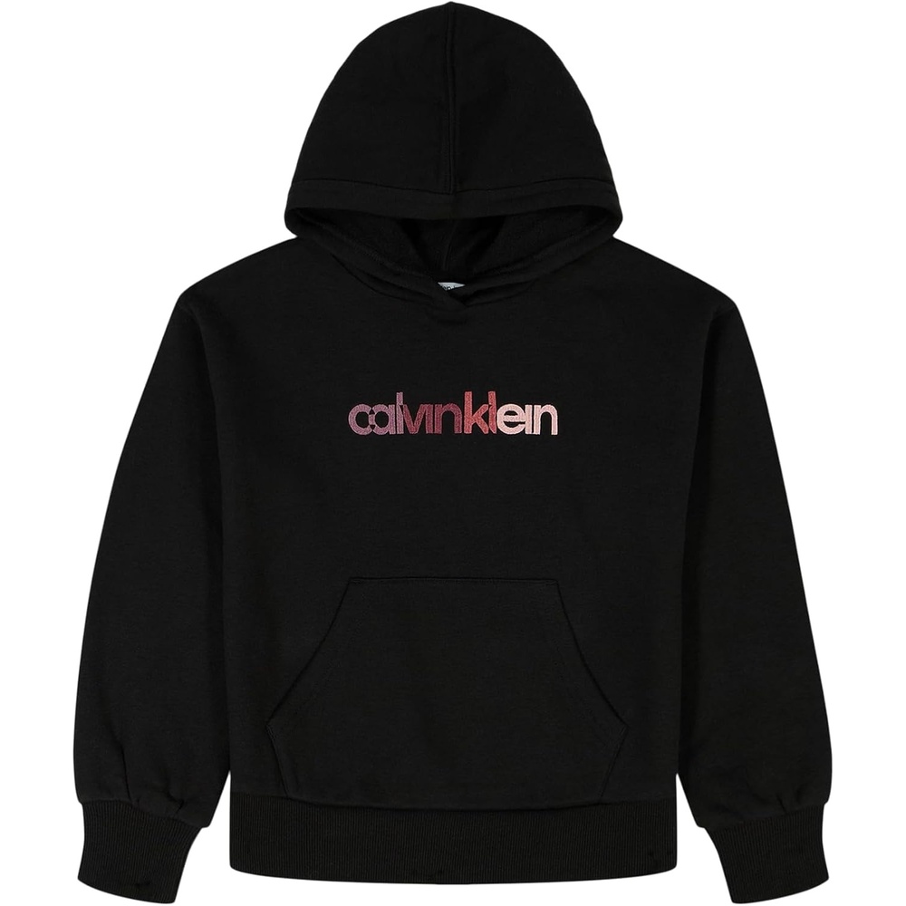 image:imageCalvin Klein girls Long Sleeve Popover Fleece Hoodie SweatshirtEmbroidered Black