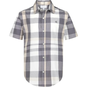 Calvin Klein Boys’ Short Sleeve Woven Button-Down Shirt(Blackened Pearl Large Plaid)