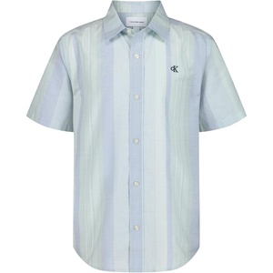 Calvin Klein Boys’ Short Sleeve Woven Button-Down Shirt(Light Sage Vertical Stripe)