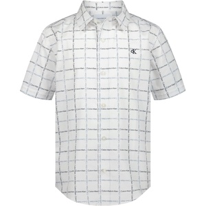 Calvin Klein Boys’ Short Sleeve Woven Button-Down Shirt(Logo Plaid White)