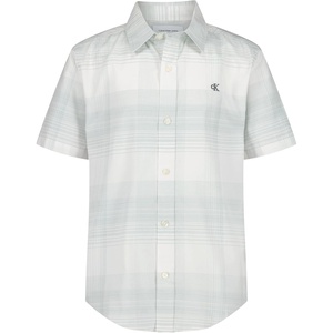 Calvin Klein Boys’ Short Sleeve Woven Button-Down Shirt(Surf Green Intricate Plaid)