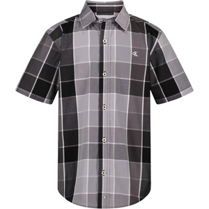 Calvin Klein Boys’ Short Sleeve Woven Button-Down Shirt(Tonal Plaid Black)
