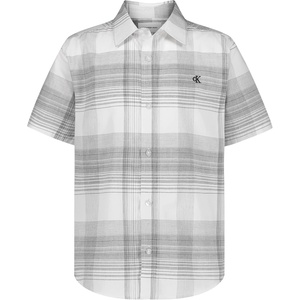 Calvin Klein Boys’ Short Sleeve Woven Button-Down Shirt(White-black Intricate Plaid)