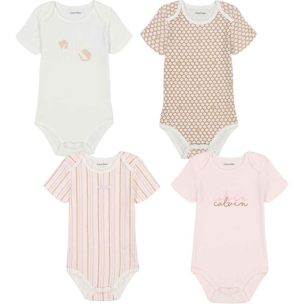 image:imageCalvin Klein Baby Girls 4pack Short Sleeve Onesies BodysuitsHeavenly PinkCameo RoseEgret