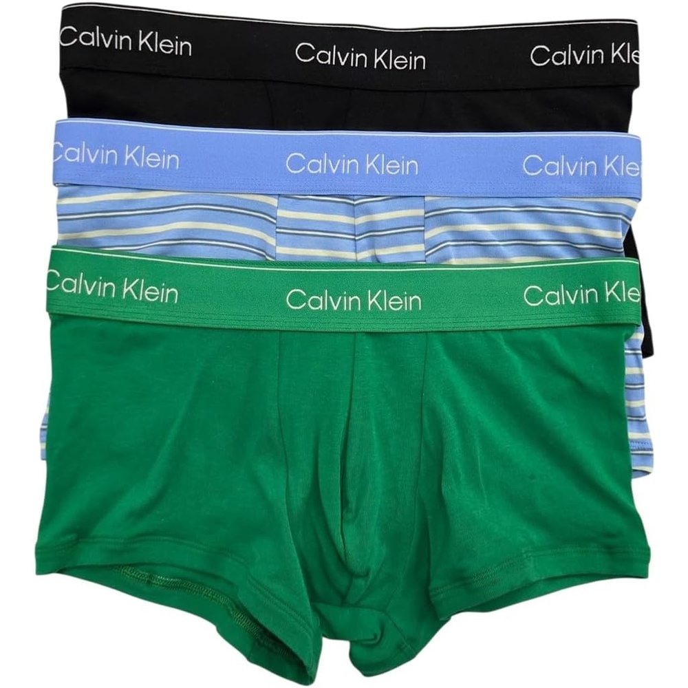 image:imageCalvin Klein Icon Cotton Stretch 3Pack Low Rise TrunksBlackPulse Stripe Blue DescentMardi Gras Green W