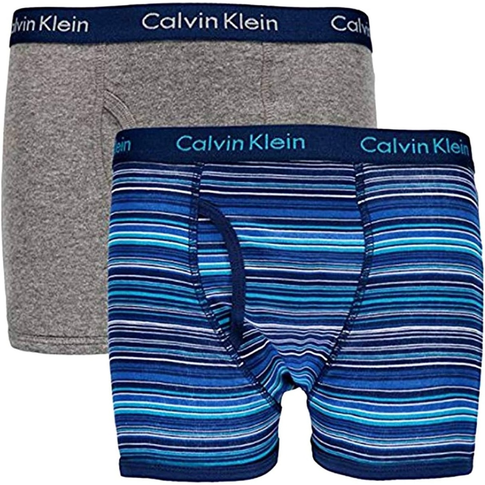 image:imageCalvin Klein Kids Boys Modern Cotton Boxer Brief Underwear 2PackDark Blue StripeHeather Grey