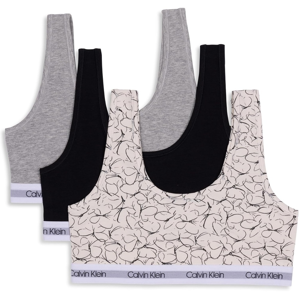 image:imageCalvin Klein Kids Girls Modern Cotton Bralette 3PackButterfly VanillaBlackHeather Grey