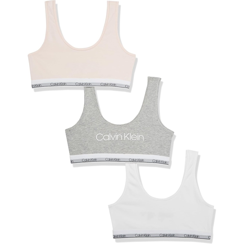 image:imageCalvin Klein Kids Girls Modern Cotton Bralette 3PackClassic WhiteCrystal PinkHeather Grey