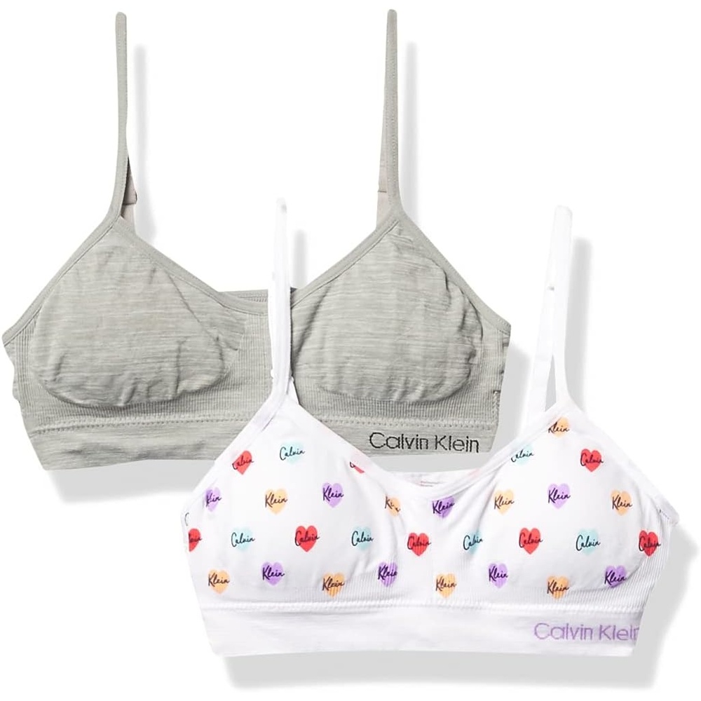 image:imageCalvin Klein Kids Girls Seamless Wirefree Comfort Bralette Bra 2PackWhite HeartHeather Grey