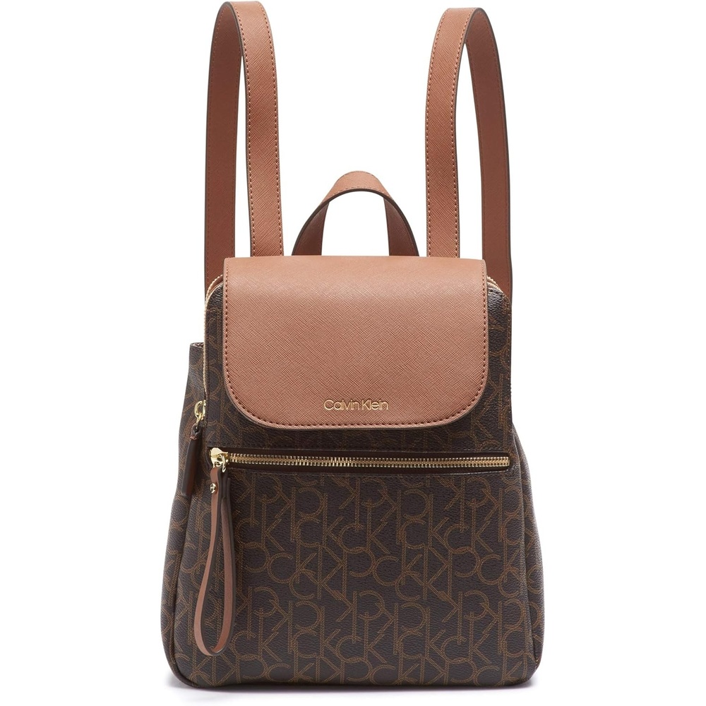 image:imageCalvin Klein Reyna Signature Key Item Flap Backpack BrownKhakiBlack One SizeBrownKhakiLuggage Saffiano