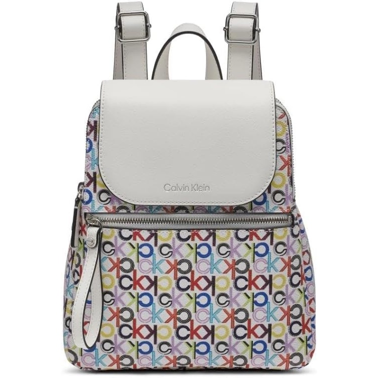image:imageCalvin Klein Reyna Signature Key Item Flap Backpack BrownKhakiBlack One SizeWhite Multi Logo