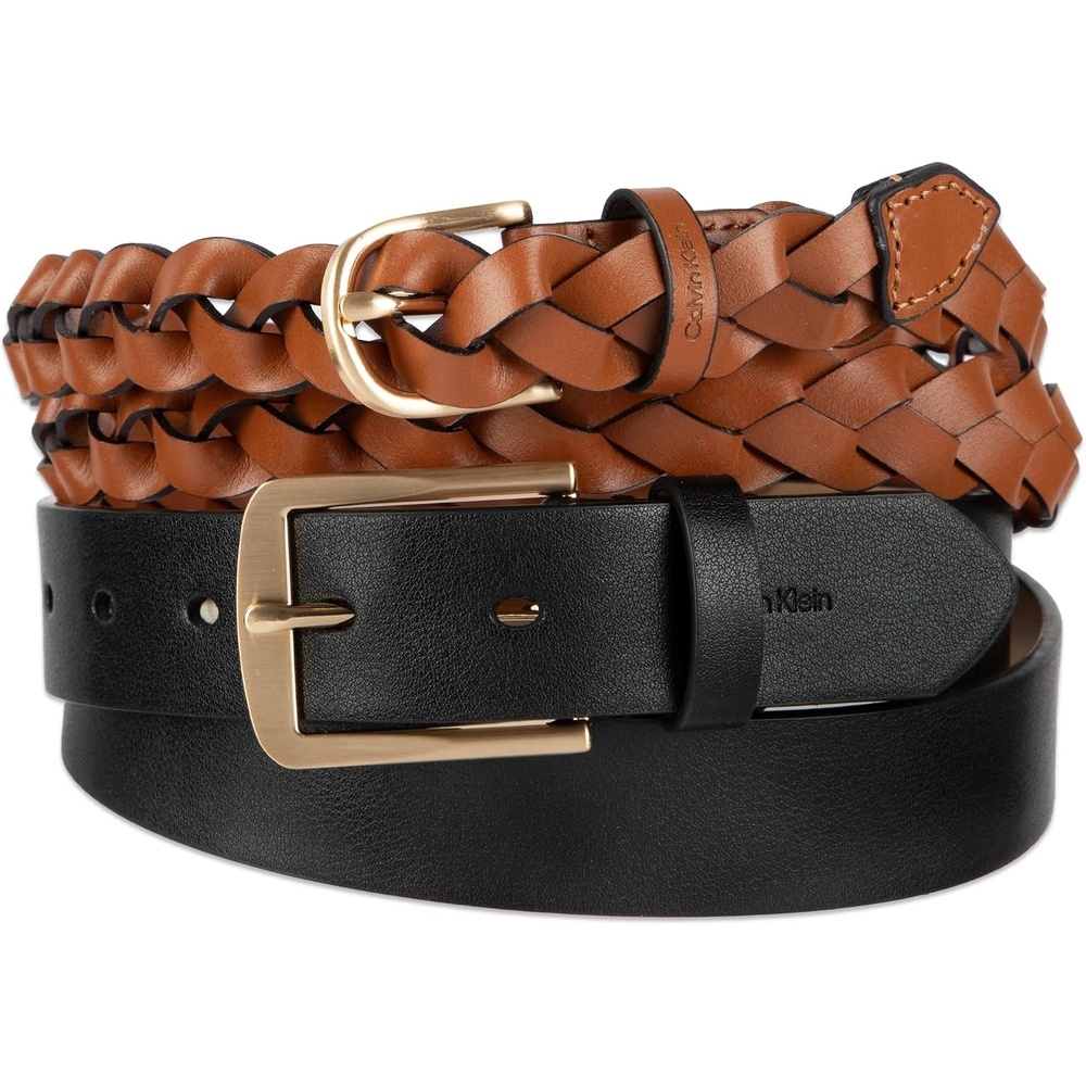 image:imageCalvin Klein Womens 2pack Slim Width Fashion Belt Set for Jeans Dresses amp Casual WearBlack  Cognac