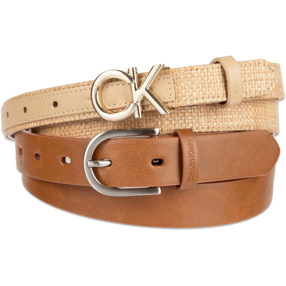 image:imageCalvin Klein Womens 2pack Slim Width Fashion Belt Set for Jeans Dresses amp Casual WearCognac  Natural