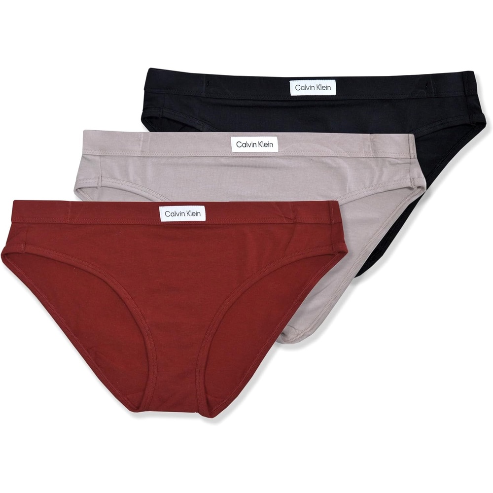 image:imageCalvin Klein Womens 3 Pack Soft Cotton Tab Logo Bikini Panty UnderwearDark Red  Taupe  Black