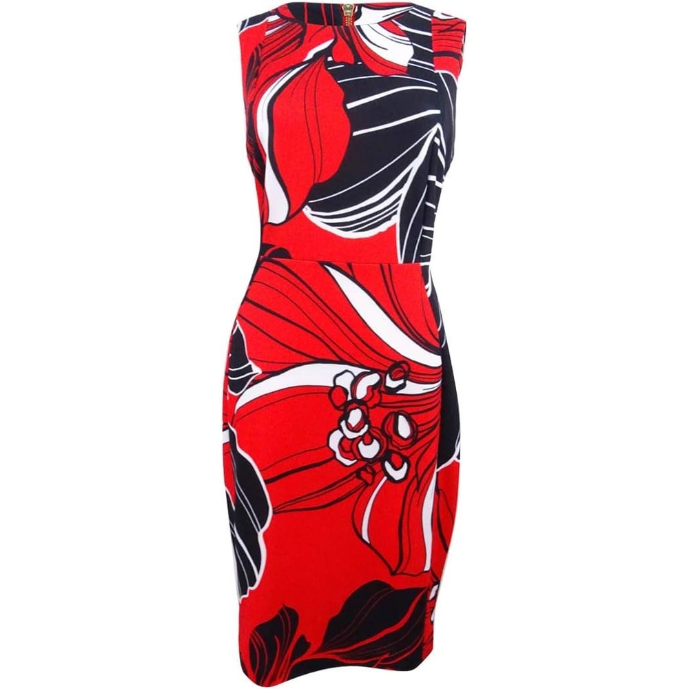 image:imageCalvin Klein Womens Scuba Crepe Sleeveless Princess Seam Sheath DressFire Multi
