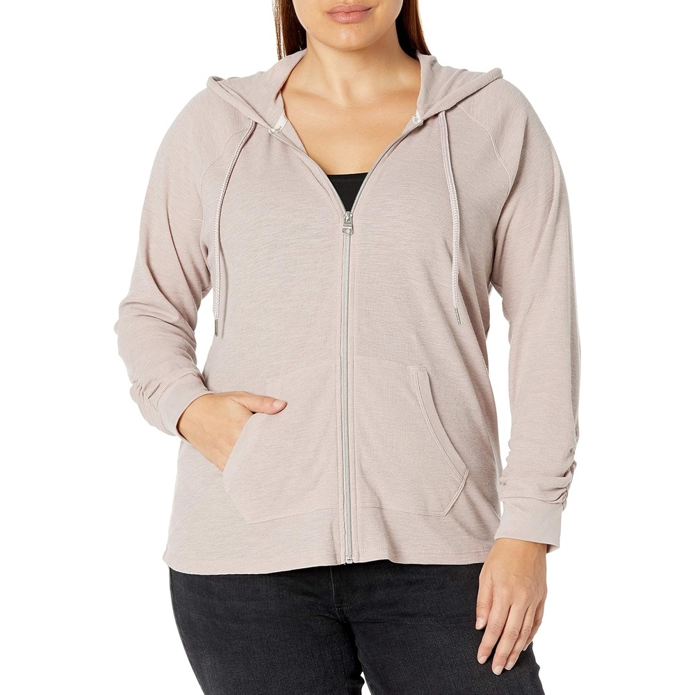 image:imageCalvin Klein womens Premium Performance Ruched Long Sleeve Zip Up Hoodie Standard and PlusEvening Sand