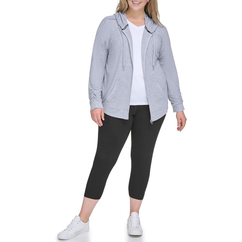 image:imageCalvin Klein womens Premium Performance Ruched Long Sleeve Zip Up Hoodie Standard and PlusPearl Grey Heather